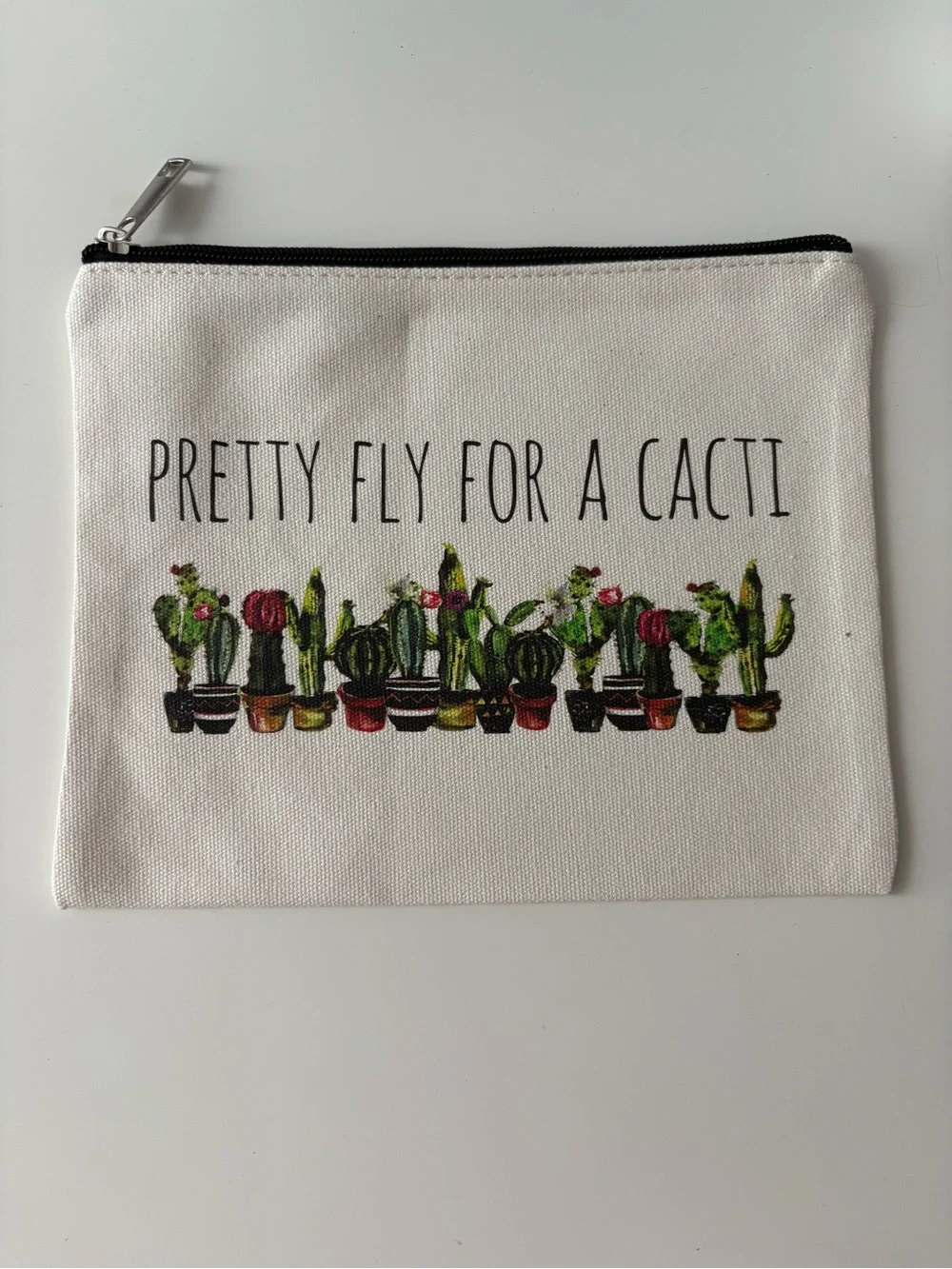 Canvas Cactus Print Pencil Case – White